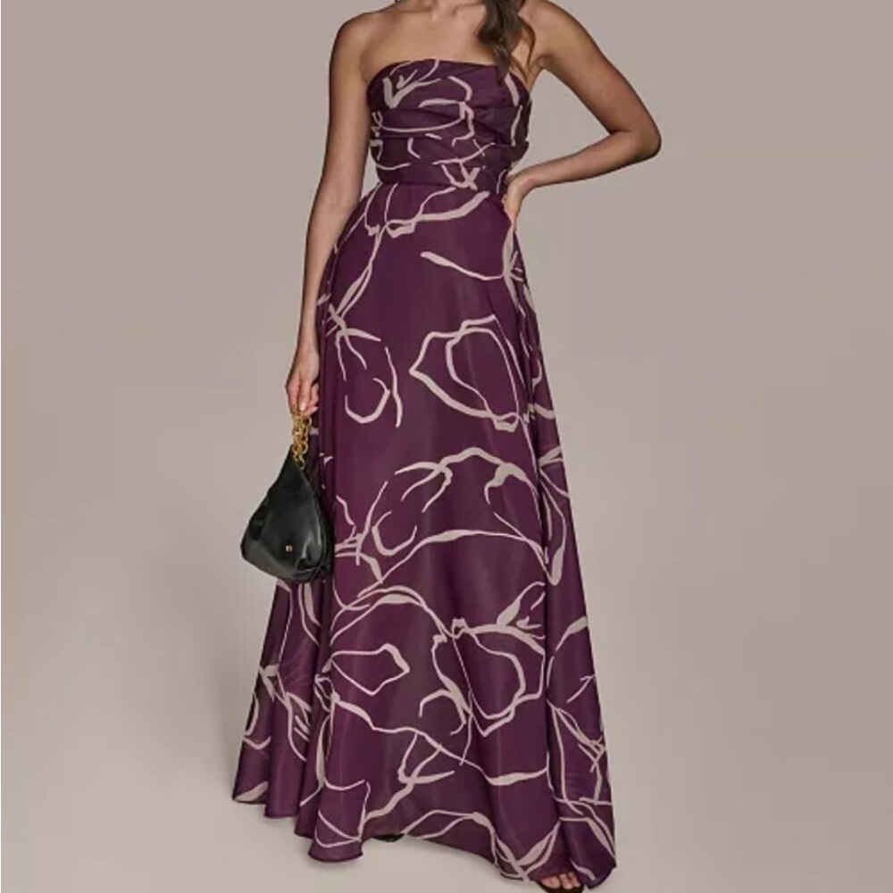 New Donna Karan New York Abstract Print Strapless Gown In Purple, SIZE 6
